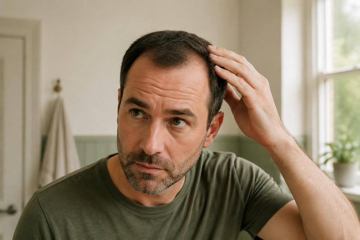 Illustrative image of a man checking his receding hairline