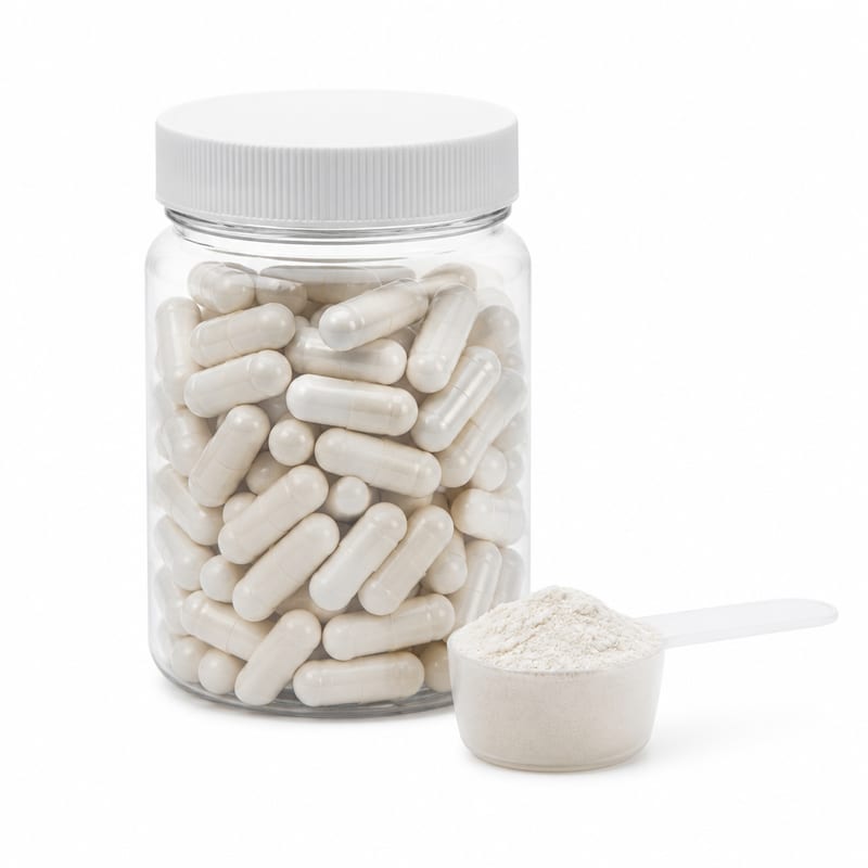 Unbranded jar of glucomannan fibre capsules