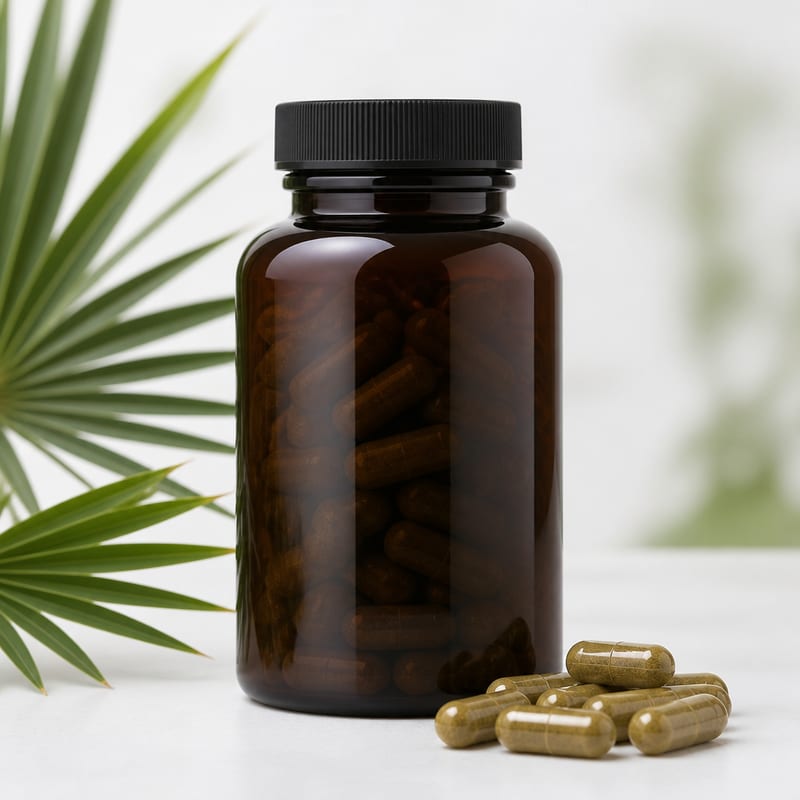 Unbranded bottle of saw palmetto capsules
